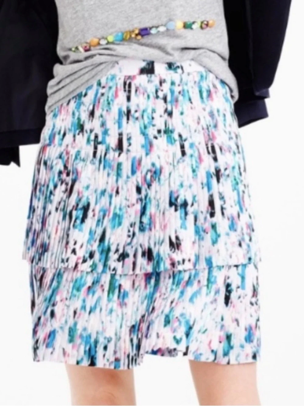 J. Crew Tiered Watercolor Pleated Mini Skirt - Pink, Teal & Black